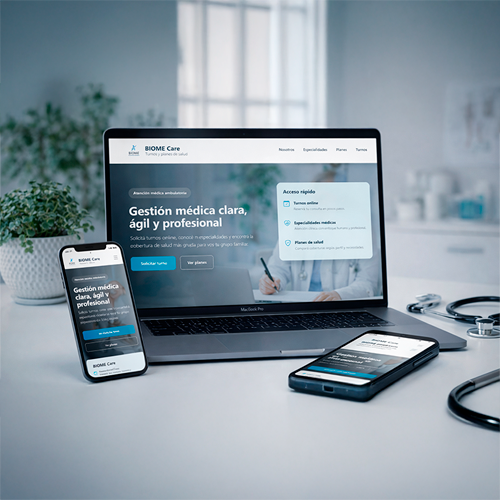 Mockup de la plataforma web BIOME Care para gestión de turnos y planes de salud